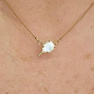 Pickleball Necklace Pendant Mother of Pearl Shell Racket Charm Adjustable Gold Plated Ball Chain Perfect Handmade Gift Dainty Minimalist