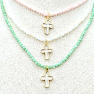 White Enamel Cross Pendant: Mother of Pearl Beaded Necklace, Adjustable 16-18&quot;