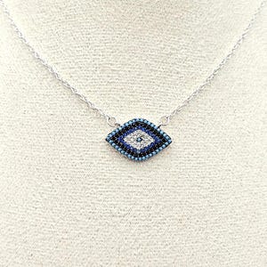 Handmade Sterling Silver Evil Eye Necklace – Pendant with Turquoise Black Blue CZ – Protective Amulet Jewelry 16.5 inch – Gift for Her
