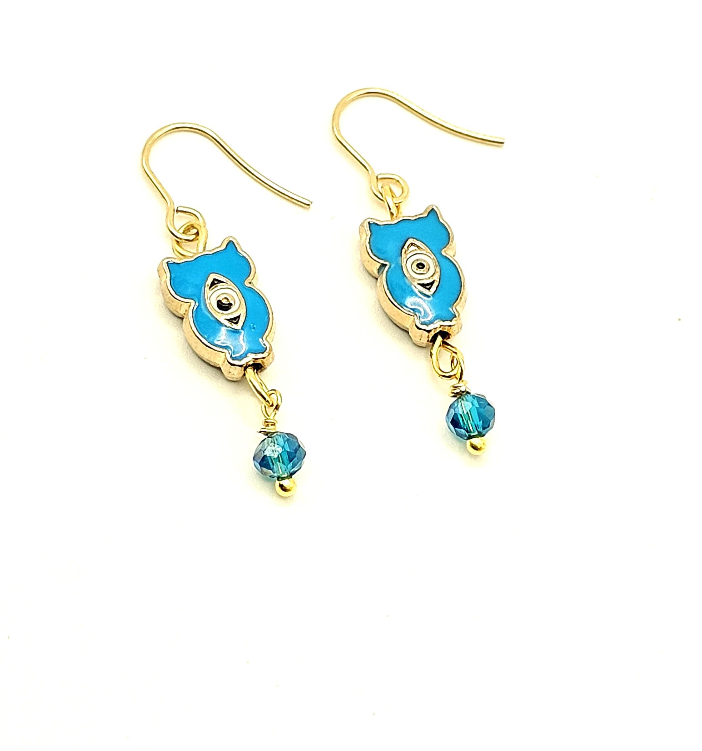 Teal Blue Enamel Owl Earrings - Gold Plated Evil Eye Boho Drop