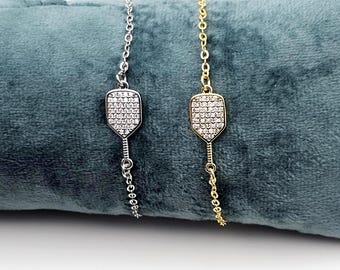 Pickleball Bracelet with CZ Charm – Adjustable Stainless or 14k Gold-Plated Gift for Pickleball Player