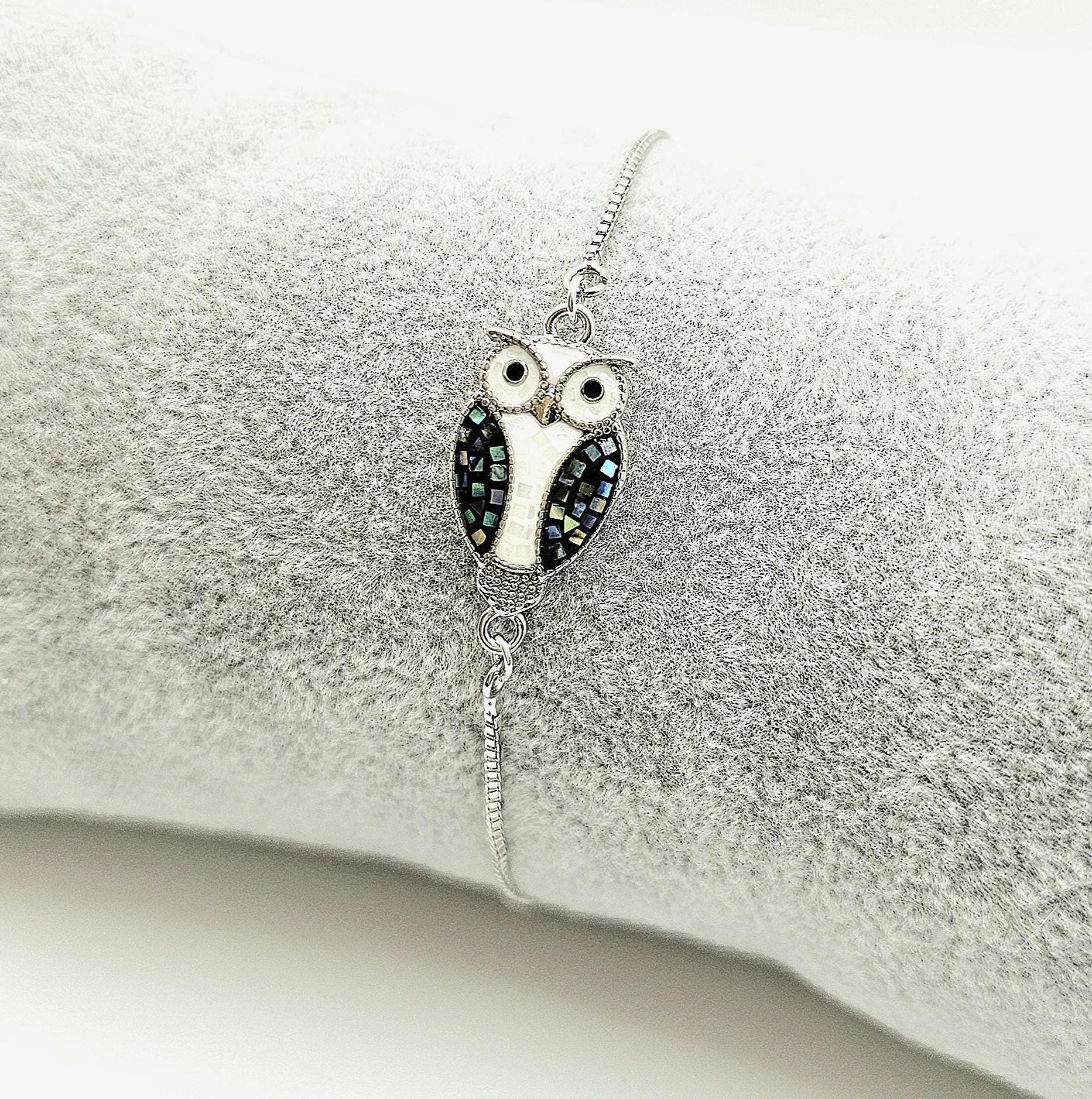 Silver Owl Bracelet - Abalone Shell Inlay - Adjustable Steel Slider Chain