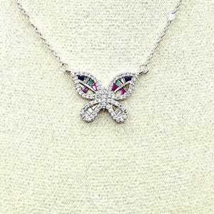 Rainbow Multicolor CZ Butterfly Necklace: Sterling Silver Adjustable Chain