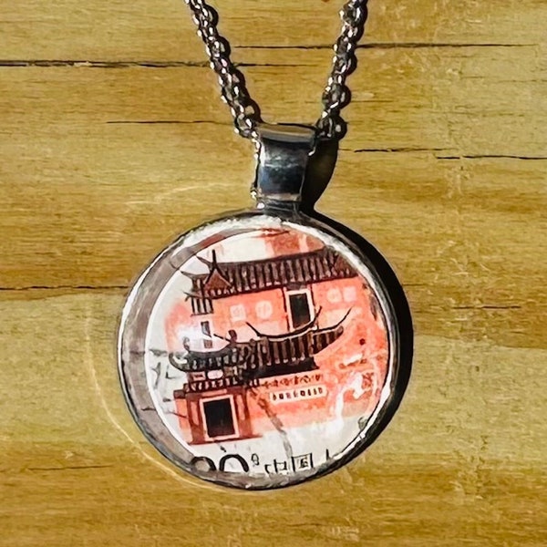 Pink Korean house postage stamp pendant