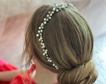 Parels bruid hoofdband, natuurlijke zoetwater abrikozen bruiloft krans, kleine parel bruid haartoebehoren, zilveren romantische hairvine, parels tiara