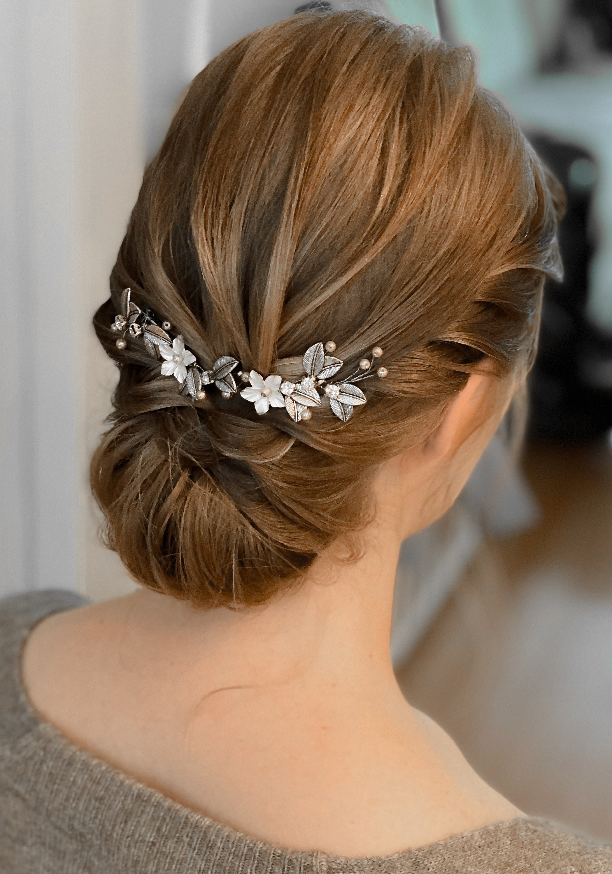 Boho Bridal Hair Clip: Silver Leaf & Crystal Rhinestone 
