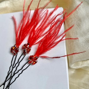 Red Feather Hairpins: Crystal & Ostrich Feather Hair Jewelry, Set of 3