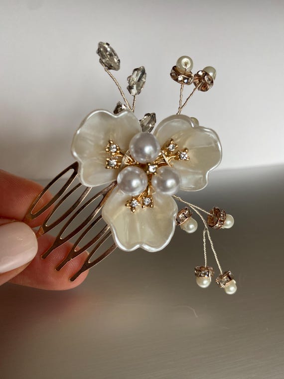 LOHGOU Braut-Haarkamm Mit Blumen & Perlen – Goldener Seitenscheitel Für Hochzeit, Party Oder Festliche Anlässe