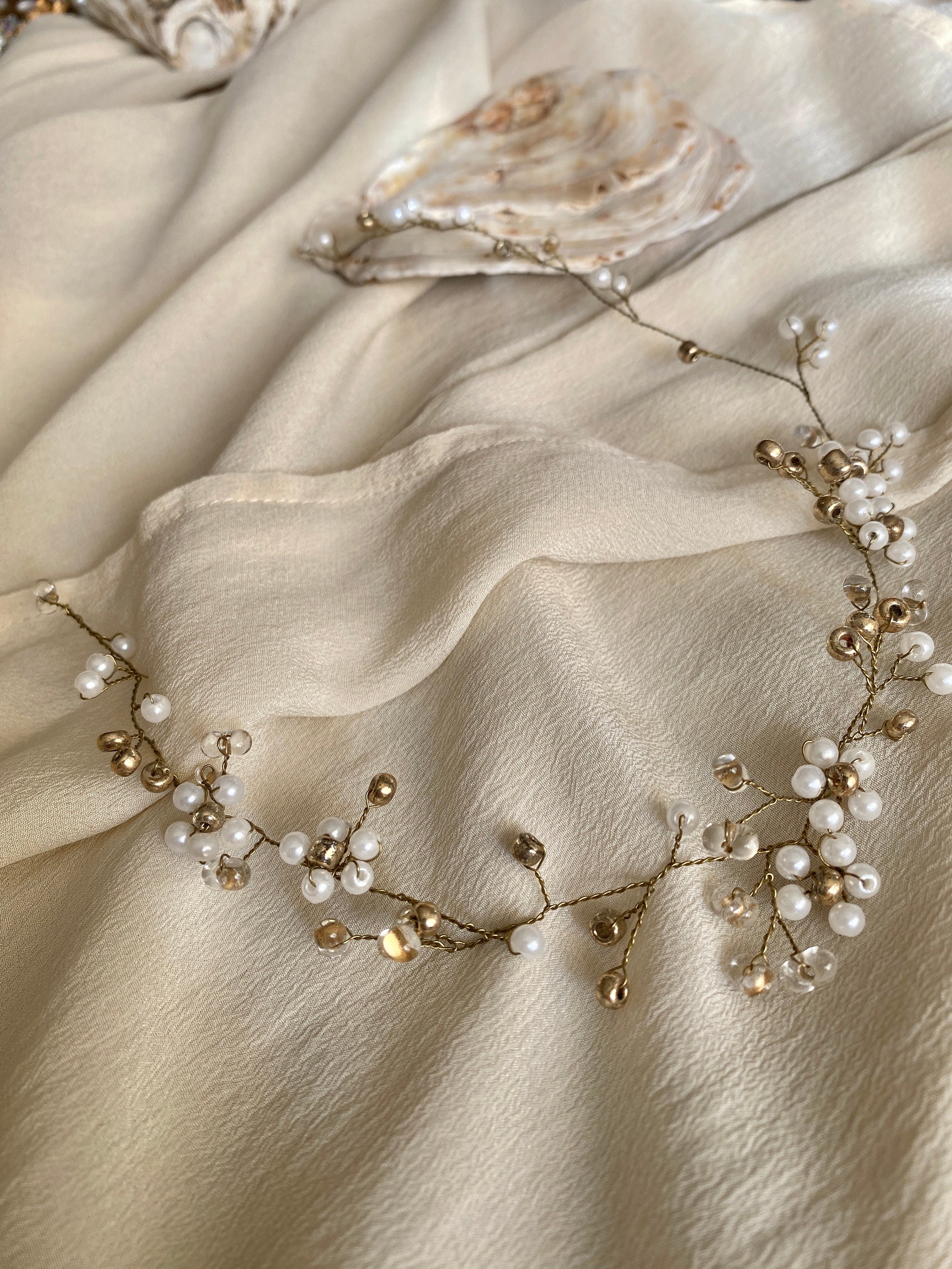 Champagne Floral Wreath Garland Bride Headband with Ribbon