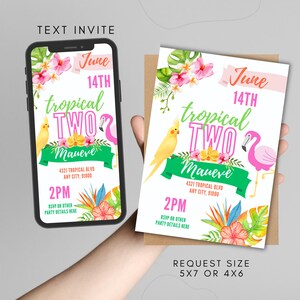 May include: A tropical-themed invitation with the text "TEXT INVITE" at the top. The invitation features a pink flamingo, a yellow parrot, and floral elements. The invitation is displayed on a smartphone and a printed card.