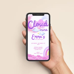 Cloud 9 Birthday Invitation, Rainbow Cloud 9, 9th Birthday Invite, Pastel Cloud 9 Invite, On Cloud 9