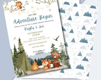 May include: Baby shower invitation with a woodland theme. The invitation features text that reads "Let the Adventure Begin" and includes details for Kayla & Joe's baby shower. The design includes illustrations of a tent, owl, bear, squirrel, and mountains.