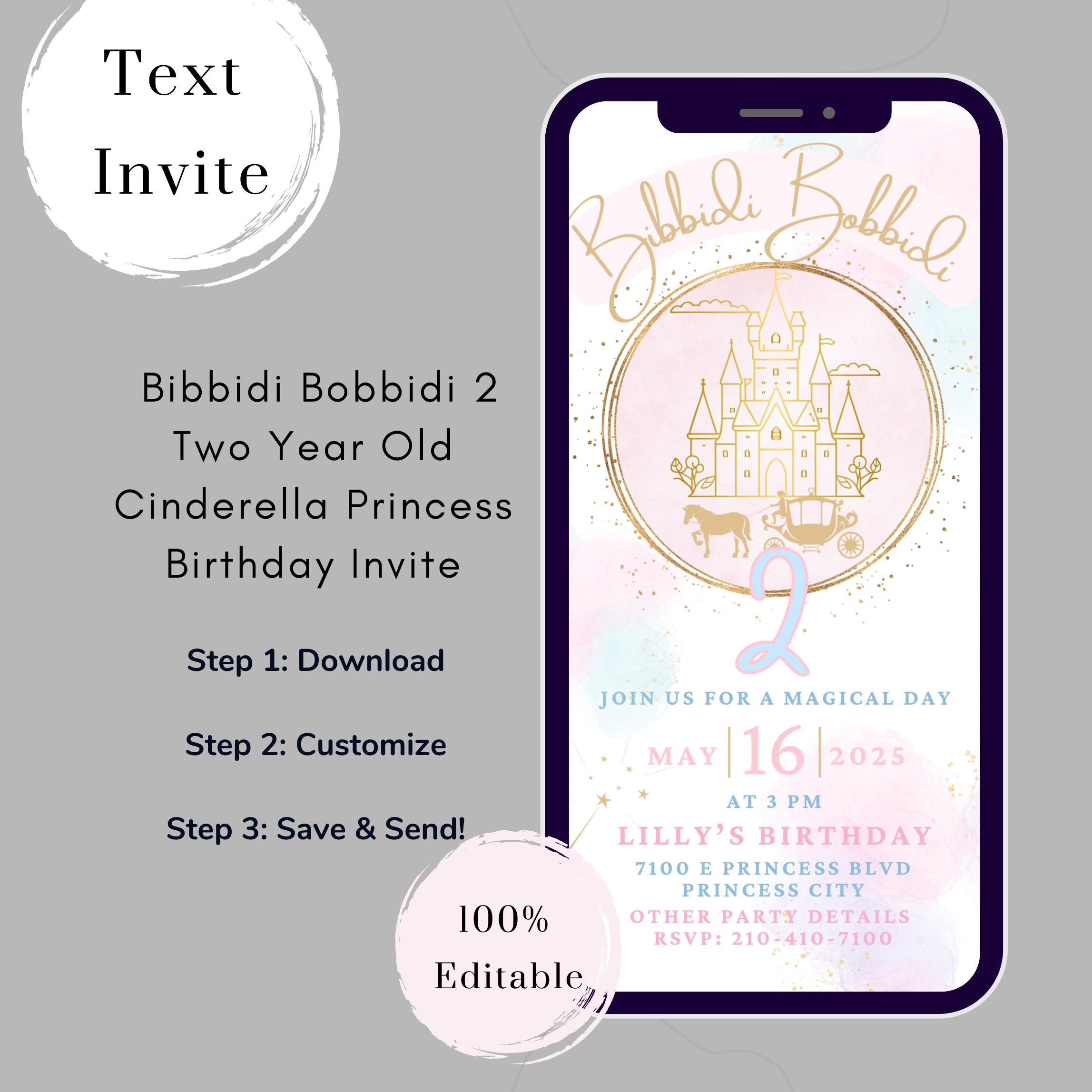 Bibbidi Bobbidi Two Invite, Cinderella Two Birthday Invitation, Bibbidi ...