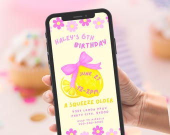 Lemon Squeeze ältere Einladung, Lemon Dreieinladen, Zitrone Geburtstagseinladung, Pink Bow Lemon Geburtstag einladen, Pink Lemonade Einladung