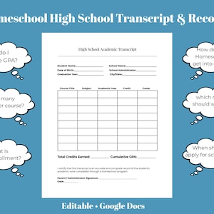 Op de afbeelding: Een afdrukbare transcriptiesjabloon voor de middelbare school voor thuisonderwijs met velden voor studenteninformatie, cursusdetails en GPA-berekening. Bevat denkbellen met vragen over GPA, credits, dual enrollment, college en beurzen. De tekst "Editable • Google Docs" staat onderaan.