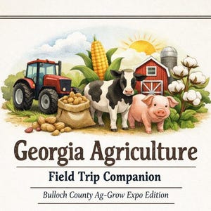 Può includere: Illustrazione ad acquerello di una scena di fattoria con un trattore rosso, una mucca bianca e nera, un maiale rosa e un fienile rosso. Sono presenti anche un sacco di arachidi e una pannocchia di mais. Il testo recita "Georgia Agriculture Field Trip Companion".