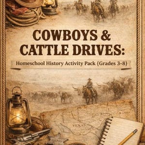 May include: An illustrated educational resource titled "Cowboys & Cattle Drives: Homeschool History Activity Pack (Grades 3-8)". The image features a cowboy hat, lantern, rope, gun, sheriff badge, map, and notebook with a pencil.