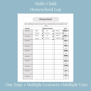 May include: A white homeschool log with a blue background. The log includes sections for students, subjects, and dates. Text on the log reads "Multi-Child Homeschool Log" and "One Page • Multiple Learners • Multiple Uses."
