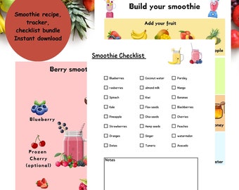 Smoothie recipe bundle, build your smoothie chart, smoothie supply checklist and trackers, healthy recipes and lifestyle, weight loss recipe
