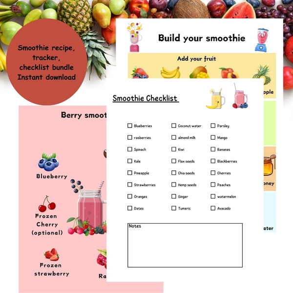 Smoothie recipe bundle, build your smoothie chart, smoothie supply checklist and trackers, healthy recipes and lifestyle, weight loss recipe