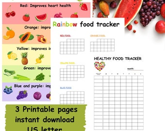 May include: A colorful food tracker with the text "Colorful foods" and "Rainbow food tracker". The tracker includes sections for red, orange, yellow, green, and blue foods, with a healthy food tracker. The image also includes a banner that says "3 Printable pages instant download US letter".