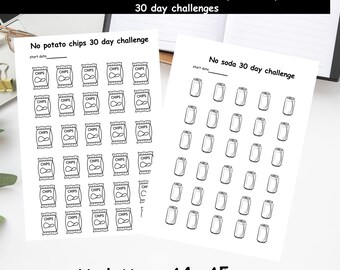 May include: Two printable trackers for 30-day challenges, one for no soda and one for no potato chips. Each tracker features a grid of illustrations representing daily goals. The text on the image reads: "No potato chips 30 day challenge" and "No soda 30 day challenge".