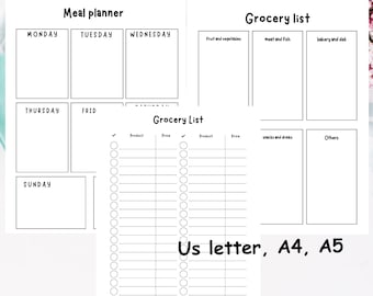 Printable weekly meal planner, Printable grocery list, food list, meal prep planner, meal tracker, grocery planner, instant download