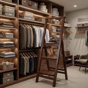Puede incluir: Un vestidor con estanterías de madera oscura, ropa colgada y cajas de almacenamiento. Una escalera de tres peldaños de madera oscura se encuentra en el centro, sosteniendo un sombrero fedora gris. El armario cuenta con iluminación integrada.