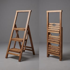 Op de afbeelding: Een houten trap met drie treden en een natuurlijke lichtbruine afwerking. De trap heeft een hoog handvat aan de bovenzijde en een inklapmechanisme waardoor deze tot een plat, compact geheel kan worden ingeklapt. De treden zijn horizontaal en gelat.
