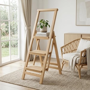 May include: A light-colored wooden step ladder with three horizontal steps and a tall handle at the top. A small potted green plant and a stack of three white books are placed on the top step of the ladder, which features a sturdy frame.