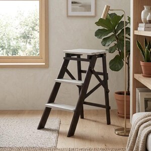 Taburete plegable compacto de 3 peldaños de fresno macizo - Colores personalizados - Escalera de madera de estilo escandinavo, rústico y minimalista
