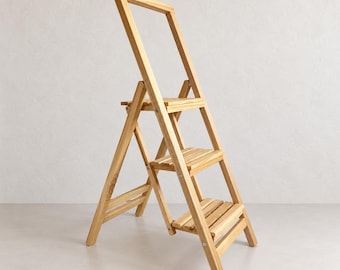Wooden Folding Step Ladder, Handmade Solid Ash 3 Step Stool for Kitchen and Home
