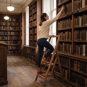 May include: A wooden library ladder with three steps stands in front of tall, dark wood bookshelves filled with numerous books. The ladder features a folding A-frame design with a top handle, providing access to the upper shelves of the archive.