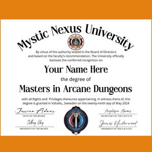Arcane Dungeons Universitäts-Diplom mit goldenem Siegel, printable, Replik, Abschlusszertifikat, fiktive Schule, Meister
