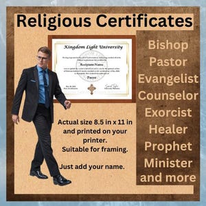 Religious certificate, diploma, degree, fictitious, for framing, in office, or home