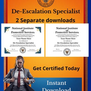 De-Escalation Certification, Diploma with school seal, printable, replica, degree, graduation certificate, fictitious school,