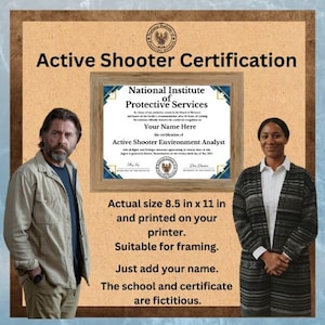 Active Shooter Certification, Diploma with school seal, printable, replica, degree, graduation certificate, fictitious school,