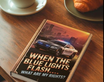 Op de afbeelding: Een boek getiteld "When the Blue Lights Flash... What Are My Rights?" heeft een politieauto op de cover. Het boek ligt op een houten tafel naast een kop koffie en een croissant.