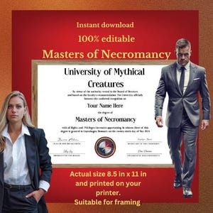 Diploma de Mestre em Necromancia com selo dourado, para impressão, réplica, grau, certificado de graduação, escola fictícia, Mestre