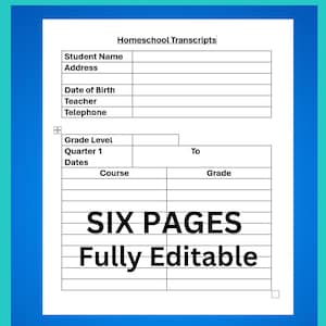 Puede incluir: Un documento blanco con el texto "Homeschool Transcripts" en la parte superior. El documento incluye campos para la información del estudiante, detalles del curso y calificaciones. El texto "SIX PAGES Fully Editable" se muestra de forma destacada.