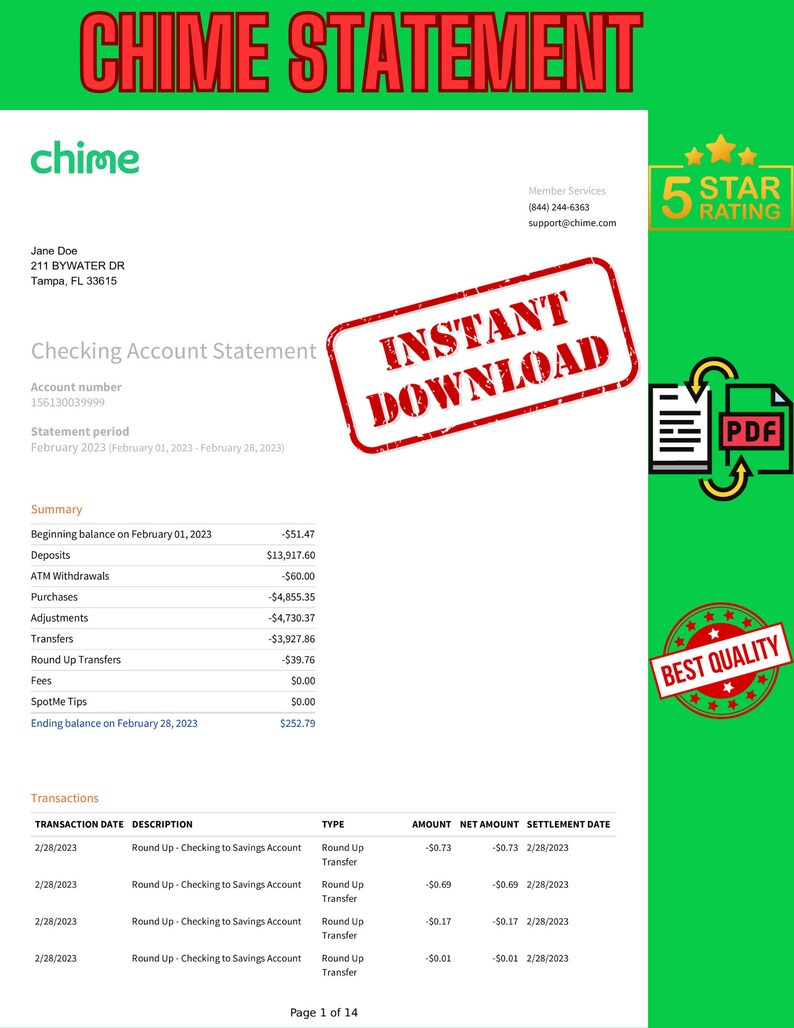 Chime Bank Statement Template Instant Download PDF & Word Etsy