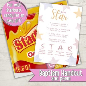 Puede incluir: Un paquete de caramelos Starburst amarillo junto a una tarjeta blanca con un poema titulado "Be a Star". La tarjeta tiene ilustraciones de estrellas y las palabras "Baptism Handout and poem" en la parte inferior. El paquete de caramelos dice "15.6 oz."