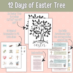 May include: A set of Easter-themed printables, including a tree design with the text "12 Days of Easter," ornaments, instructions, and daily devotionals. The tree is available in 8.5"x11" and 24"x36" sizes. The ornaments fit both sizes.