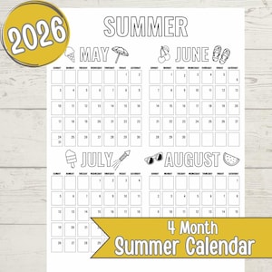 2026 4 month Summer Calendar for Kids Printable Wall Planner with Bucket List May June July August  Wall Poster 4 Month Summer