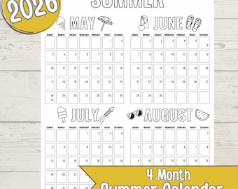 2026 4 month Summer Calendar for Kids Printable Wall Planner with Bucket List May June July August  Wall Poster 4 Month Summer