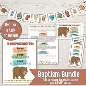 Pode incluir: Um conjunto de materiais para uma lição de batismo, incluindo uma faixa que diz "It is great to be 8!" e folhetos com uma ilustração de urso. O texto inclui "Eu me comprometo a: carregar meu testemunho, carregar o nome de Cristo, carregar os fardos uns dos outros".