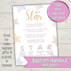 Puede incluir: Un folleto blanco con las palabras "Be a Star" en escritura dorada, con un poema sobre el bautismo. El folleto incluye ilustraciones de estrellas rosas y azules y el texto "Baptism Handout and poem". Ideal para charlas, regalos de bautizo o lecciones.