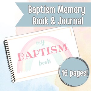 May include: A spiral bound book with a rainbow design and the text "my BAPTISM book" on the cover. The book has 16 pages and is a baptism memory book and journal.