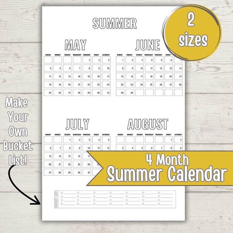 Large Summer Calendar for Kids Printable Wall Planner With Bucket List ...