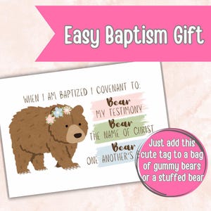 Presente fácil de batismo SUD para meninas de 8 anos | etiqueta de presente simples para combinar com urso de pelúcia doce | atividade de presente dias jovens imprimíveis batizados